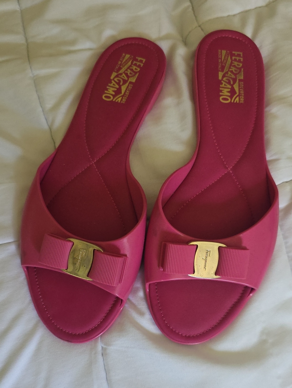 Salvatore Ferragamo Hot Pink Vara Bow Slide Sandals
